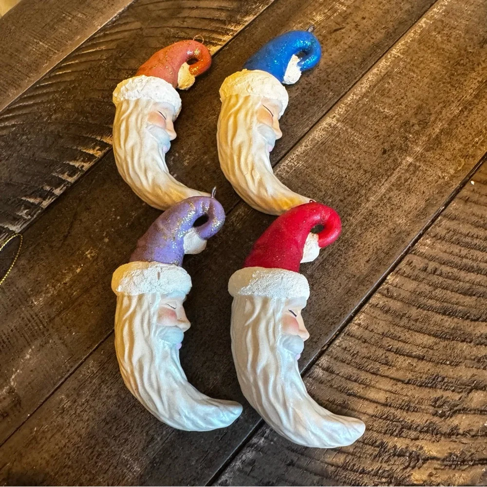 Vintage Christmas Cresent Shape Santa Head Old World Ceramic Christmas Ornaments
